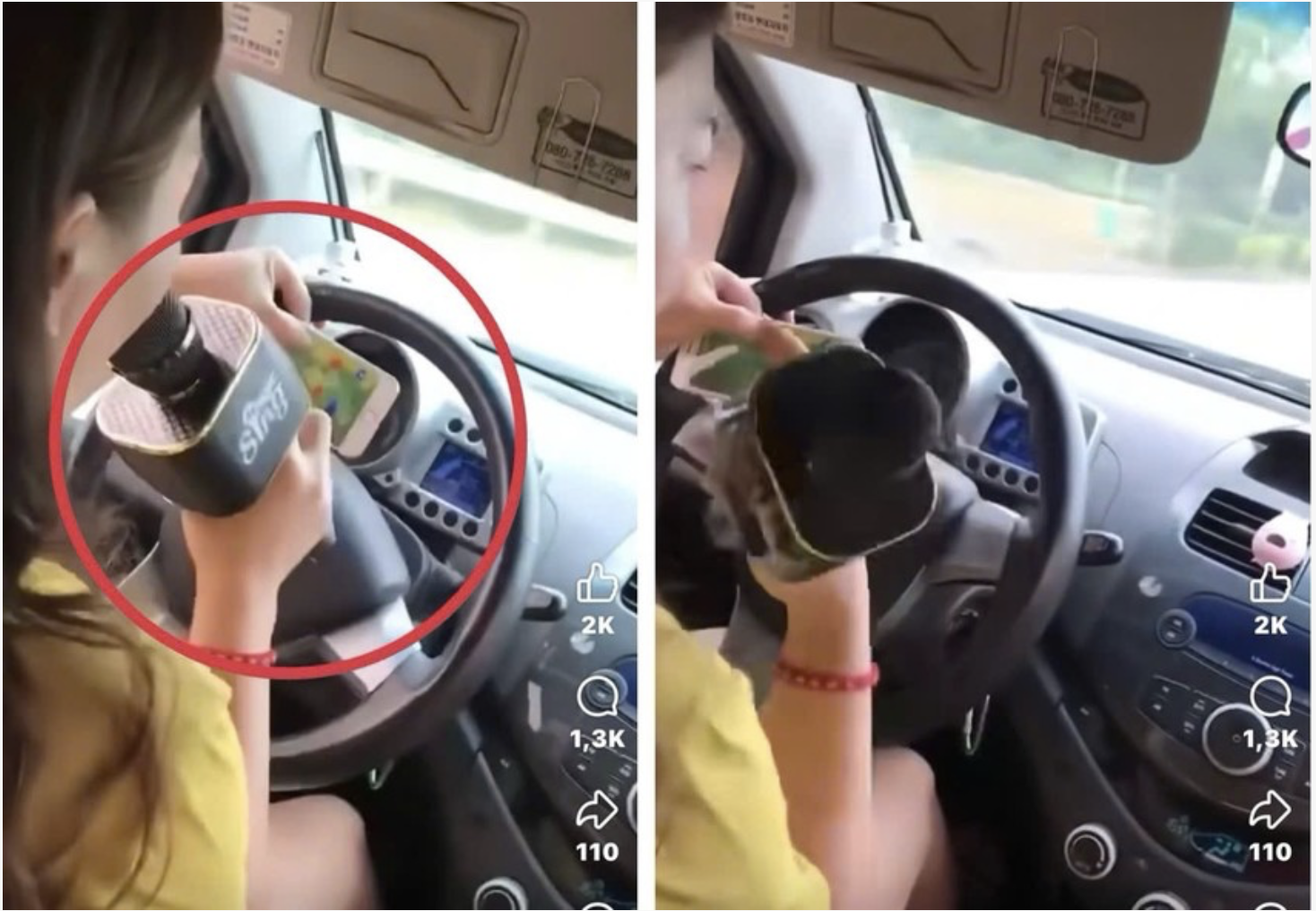 Người phụ nữ vừa ôm vô lăng lái xe vừa hát karaoke (Nguồn: Báo Pháp luật Thành phố Hồ Chí Minh)